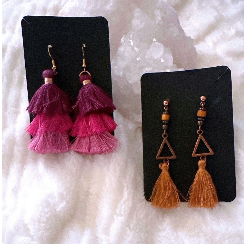 Tiered Tassel Drop Boho Earrings Ombre Pink Purple Brown Triangles Set 2 Pair